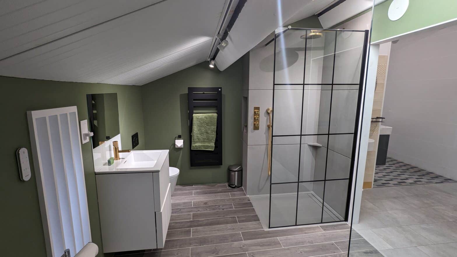 A Green painted bathroom with a walk in shower with grid shower screen and brass tapware.